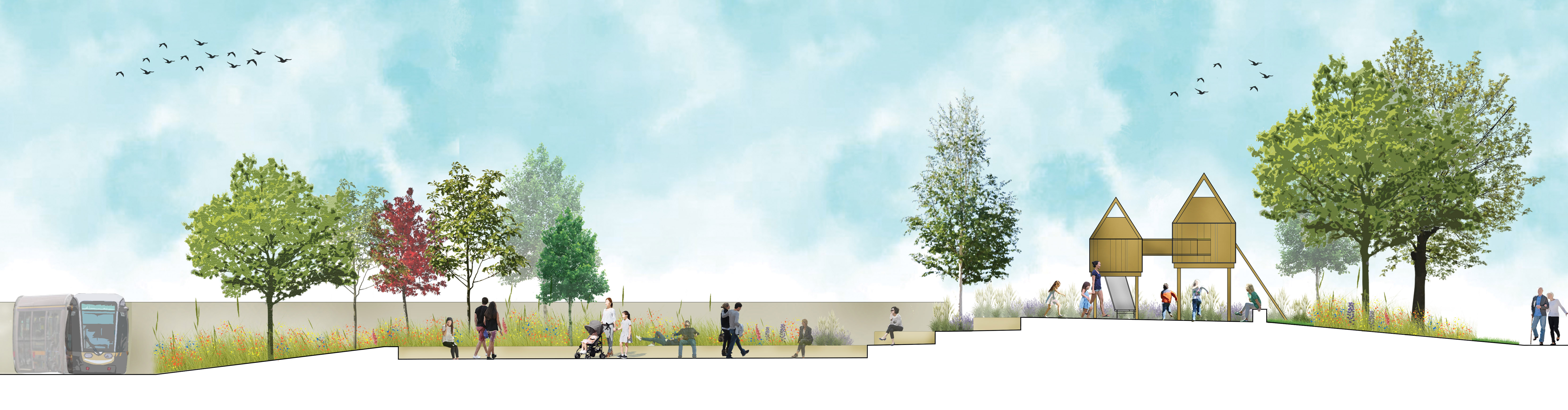 St. James's Linear park section - show basin lane proposed play space 