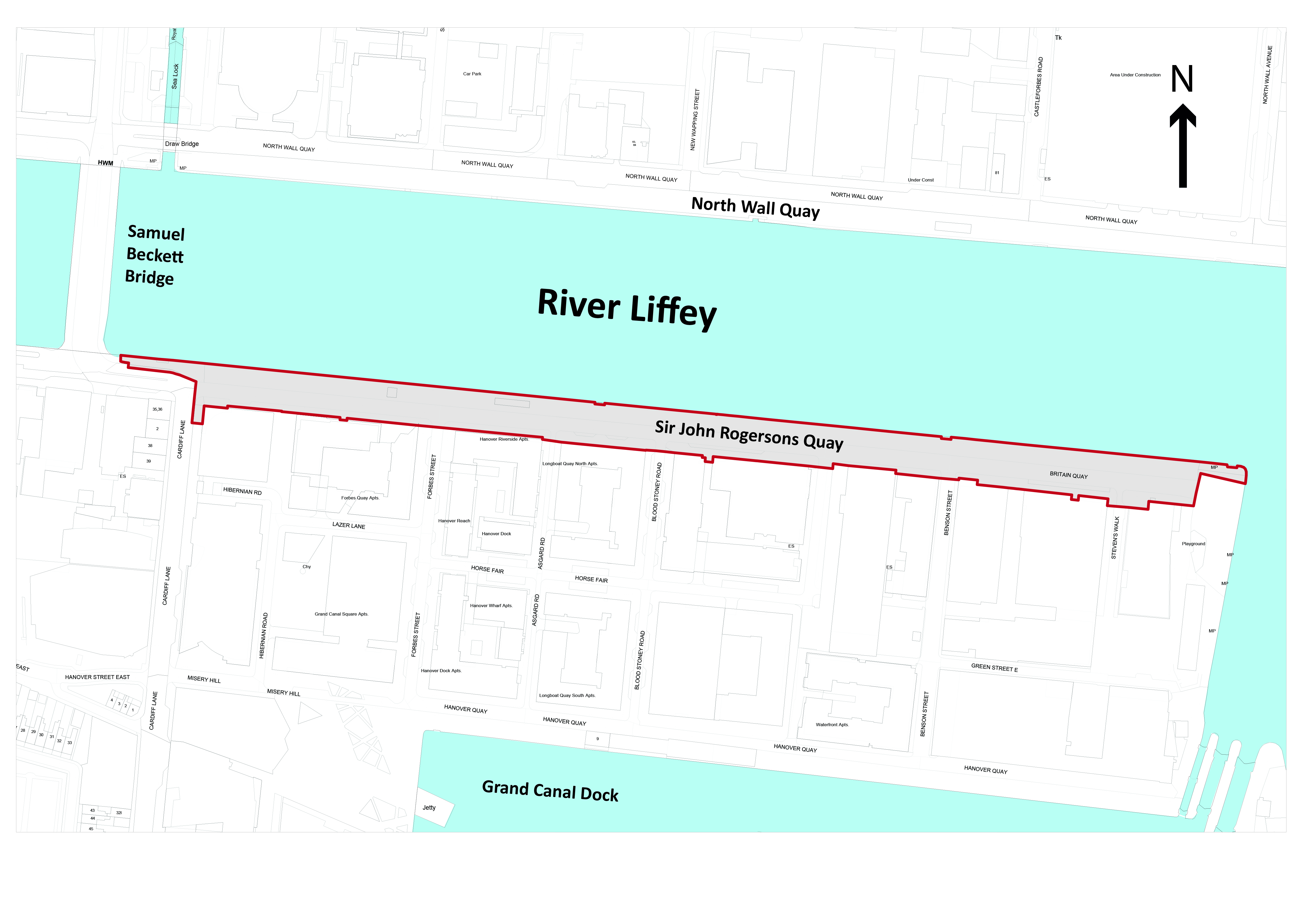 Map showing the project boundary area stretching from the Samuel Beckett Bridge to Britain Quay, and from river's edge to the back of footpath on Sir John Rogerson Quay, Dublin 2.