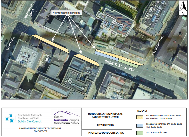 This image shows an aerial view of Baggot Street and highlights the area where footpath extensions are proposed.