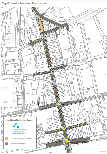 This image shows a map highlighting the proposed changes to pedestrian space on Capel Street