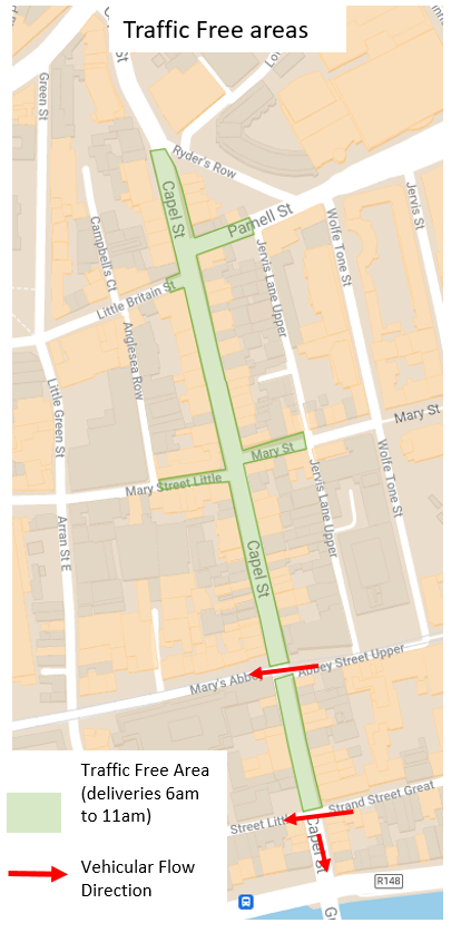This image shows a map of the proposed traffic free area on Capel Street