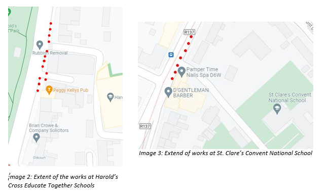 This image shows a map highlighting the extent of the School Zone works on Harold's Cross. These works will take place outside Harold's Cross Educate Together and St Clare's schools.