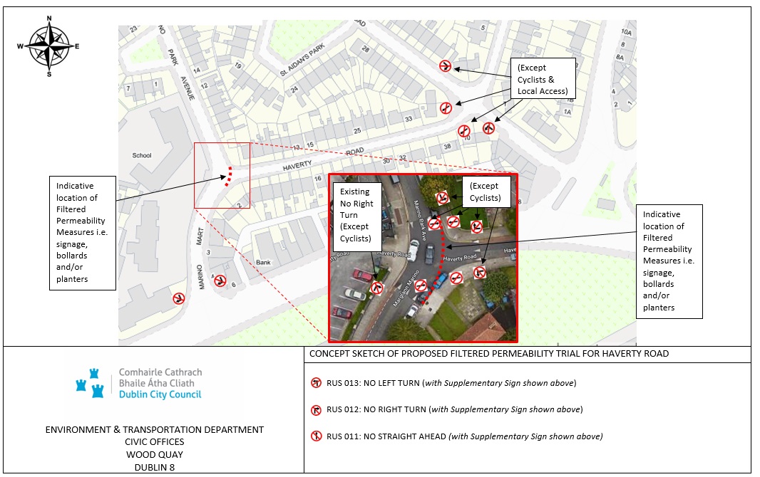This image shows the proposed layout for the traffic-free trial on Haverty Road.
