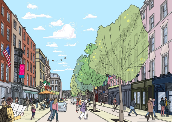 24hour vehicular deliveries and access from Dame Street: between South Great Georges Street and Anglesea Street area (MCA Option 3). Concept illustration of space in use, looking east along Dame Street towards Trinity College