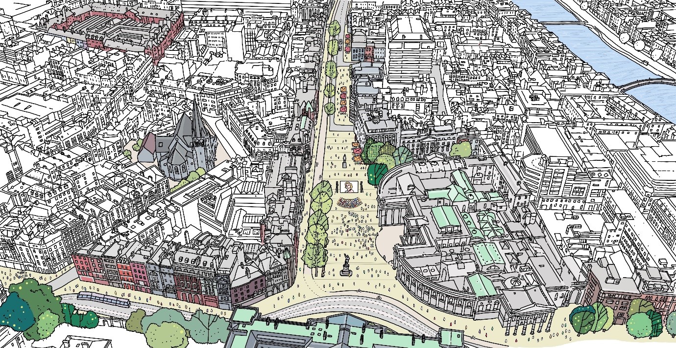 24 hour vehicular deliveries and access from Dame Street: between South Great Georges Street and Anglesea Street area (MCA Option 3). Concept aerial view of space in use, looking west over College Green and Dame Street
